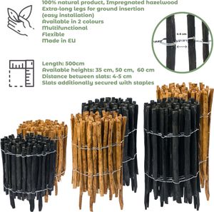 BOGATECO Haselnuss Roll-Steckzaun aus Holz Schwarz imprágniert | 60cm Hoch & 500cm Lang | Lattenabstand 4-5cm