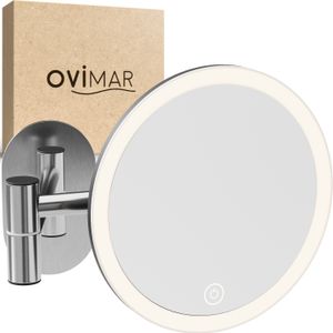 ovimar Kosmetikspiegel Vorupor Silber | mit Beleuchtung | wiederaufladbar | Wandmontage ohne Bohren | im Badezimmer | 5fach Vergrößerungsspiegel | Schminkspiegel mit Licht | 360 Grad schwenkbar