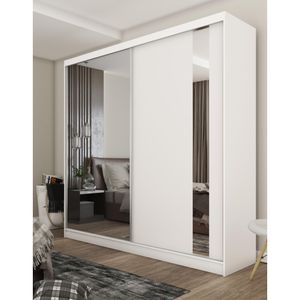 Garderobenschrank mit Spiegel Gaja Schrank mit Schiebetüren Einlegeböden Kleiderstange, Farbe: Weiß, Breite: 200 cm
