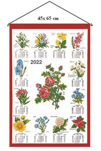 Stoffkalender 2022 / Wandkalender / Textil Kalender " Blumen " 65x45 cm- mit Stab und Kordel