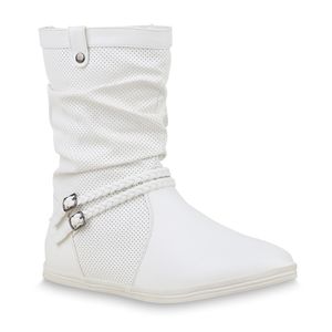 Mytrendshoe Damen Schlupfstiefel Sportliche Stiefel Boots Schnalle 70991, Farbe: Weiß, Größe: 37