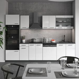 Livinity® Küchenzeile R-Line, 300 cm mit Hochschrank, ohne Arbeitsplatte, Weiß Hochglanz/Anthrazit