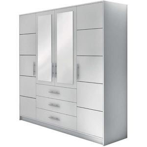 BETTSO Drehtürenschrank Kleiderschrank mit 4 Türen und 3 Schubladen Spiegel Garderobenschrank Garderobe mit Silberne Griffe Bali D4 Weiß