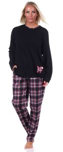 Damen Pyjama lang mit Karohose und süssen Tiermotiv - auch in Übergrössen - 212 201 90 820, Farbe:schwarz, Größe:44-46