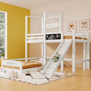 Kinderbett Etagenbett mit Tafel und Rutsche,Hochbett mit Leiter 90x200 cm Einzelbett mit Rausfallschutz, Holzbett für Kinder 2x Lattenrost