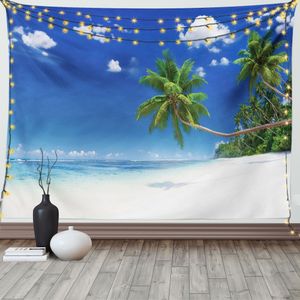 ABAKUHAUS Küsten Wandteppich, Lagune Palm Leaf Wolken, Wohnzimmer Schlafzimmer Heim Seidiges Satin Wandteppich, 200 x 150 cm, Weiß Grün Blau