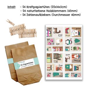 Papierdrachen DIY Adventskalender - 24 Geschenktüten und 24 Zahlenaufkleber und Klammern - Motiv Briefmarke Bärchen - zum Befüllen und basteln - Weihnachten 2018 - Mini Set Nr 49