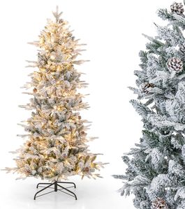 COSTWAY 180 cm umělý vánoční stromek s osvětlením, 210 LED diod v teplé bílé barvě, vánoční stromek s kovovým stojanem a 36 šiškami, vánoční stromek umělý stromek zasněžený, bílý