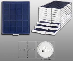 Prophila Collection Münzbox grau 20 eckige Fächer für Münzen oder Medaillen bis 47 mm, Blaue Einlage