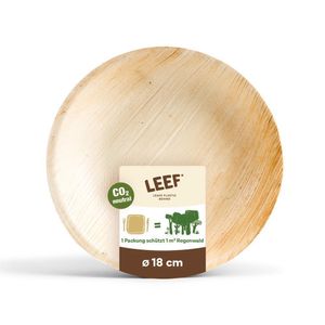 Leef® Palmblatt Geschirr, rund, 18cm | 100 Einweg-Teller im Set mit 100m² Regenwaldschutz | Kompostierbares, recyclebares & umweltfreundliches Bio-Geschirr