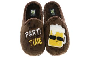 MARPEN SLIPPERS Herren Hausschuhe Pantoffeln Pantoletten Plüsch Party-Time Bier braun, Größe:46, Farbe:Braun