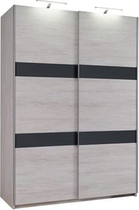 DESIGN MÖBEL Kleiderschrank Schrank Zweitüriger Kleiderschrank Garderobenschrank Garderobe Wohnzimmerschrank Wohnzimmer Kinderzimmer Schlafzimmer Regale und Schränke mit Schubladen DUSTIN 150 LED ( Eiche Weiß und Graphit glänzend LED )