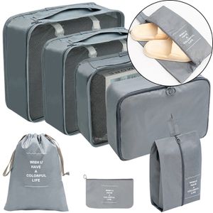 Koffer Organizer Set 7 Teilige Packing Cubes Kleidertaschen Schuhbeutel Ordnungssystem für Koffer Packwürfel Grau Packtaschen für Koffer