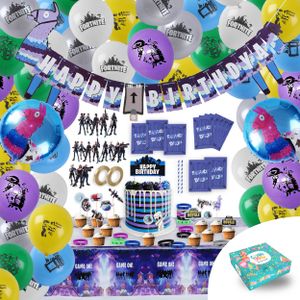 Dekorationsset -Geburtstage - 97 teiliges Fortnite- ballons - Kinderparty - Dekoration - Ballon - Tischdecke - Mitgebsel - Geschenktüte - Kuchentopper