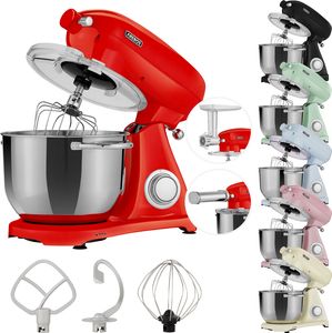 AREBOS Retro Küchenmaschine 1800W, Küchenmaschinen, Knetmaschine mit 6L Edelstahl-Rührschüssel, Geräuscharm, 6 Geschwindigkeiten, Rot