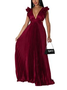 Damen Abendkleider V-Ausschnitt Kleider Ballkleider Einfarbig Sommerkleid Partykleid Rotwein,Größe XXL