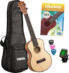 Cascha HH2155 Solid Top Tenor Ukulele Bundle +Tasche+Lehrbuch+Stimmgerät+3xPlek