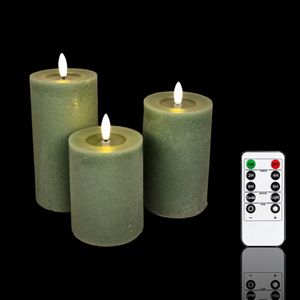 Meisterhome® 3er-Set Flammenlose LED Kerzen Rustik mit Timer Grün Stumpenkerze Fernbedienung Batteriebetrieben Warmweiß echten Wachs Dekoration