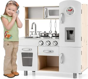 COSTWAY detská kuchynka s realistickým svetlom a zvukom, detská drevená kuchynka na hranie s chladničkou, vrátane hracích doplnkov, pre deti od 3 rokov, 72,5 x 29 x 81,5 cm