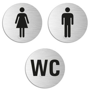 WC-Schild Türschild Toilettenschild 3er-Set Aluminium Edelstahloptik Damen + Herren + WC Ø 75 mm