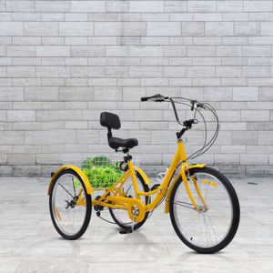 24 palcový tříkolový bicykl 3-kolový městský bicykl skládací 7-rychlostní s košíkem pro dospělé starší osoby žlutý