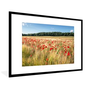 Poster mit Rahmen - Mohn - Blumen - Gras - 90x60 cm - Poster mit zchwarzem Bilderrahmen