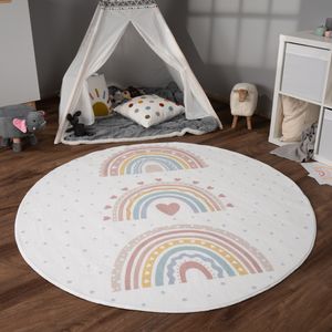 Teppich Kinderzimmer Kinderteppich Kurzflor Rutschfest Herzen Sonne Regenbogen Grösse 120 cm Rund