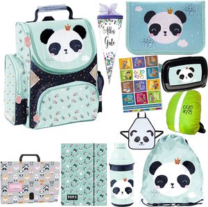 Set 11er Ranzen Panda ergonomischer Schulranzen Federmappe Zuckertüte Schürze Turnbeutel Brotdose Trinkflasche Aufgabenheft für die Grundschule