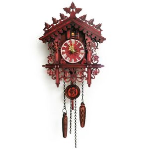 Vintage kukačkové hodiny dřevo Retro nástěnné hodiny dům ručně vyřezávané vysoce kvalitní hodiny (červená)