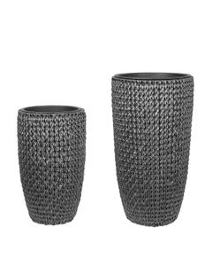 BELIANI Blumentopf 2er Set Schwarz Rattan mit Innentopf Rund Bauchig Geflochten Verschiedene Größen 66 cm und 85 cm Hoch Modern Outdoor & Indoor