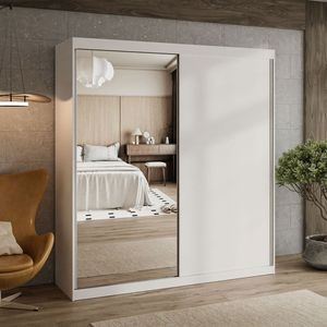 Kleiderschrank BASTER II 200 cm mit Spiegel, Schiebetürenschrank, Weiß / Weiß