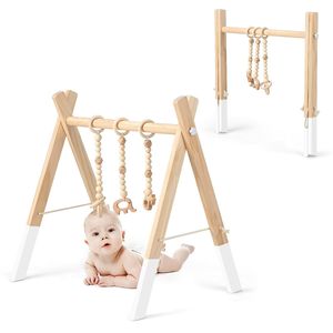 COSTWAY Dětský hrací oblouk Wood, skládací hrazda, dětská tělocvična se 3 odnímatelnými hračkami, hrazda pro děti od 3 měsíců, dřevěné hračky pro rozvoj mozku (bílá)