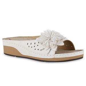 VAN HILL Damen Pantoletten Bequeme Komfort Blume Cut-Outs Schuhe 841043, Farbe: Weiß, Größe: 35