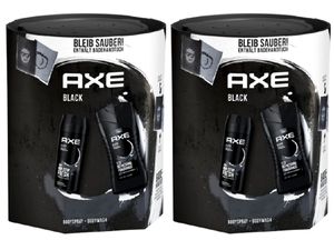 AXE 2x Geschenk Set Black mit jeweils 1x Bodyspray Deo Deodorant Männerdeo (150ml), 1x Duschgel Showergel Shampoo Body Hair Face Wash (250ml) inkl. Handtuch für Herren Männer Men