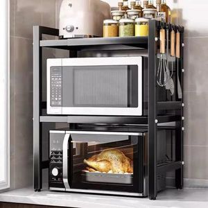 Erweiterbares Mikrowellen Regal mit 6 Haken, 3 Etagen  Mikrowellenständer Standregal Mikrowellenhalter Küchentheke Organizer, Schwarz
