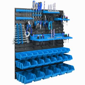 24 stohovacích boxov Nástenná polica z plastu 77 x 78 cm Držiak na náradie Dielňa Garážový skladovací systém Pohľad na skladovacie boxy Žľab