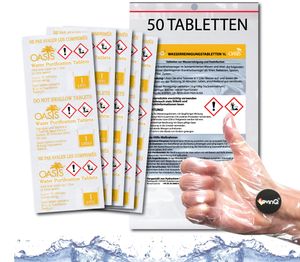LevinQ Oasis [50Stk] *NSF* Wasserreinigungstabletten 1 Ltr/Tablette +Handschuhe PE 100%keimfreies Trinkwasser | Wasserentkeimungstabletten