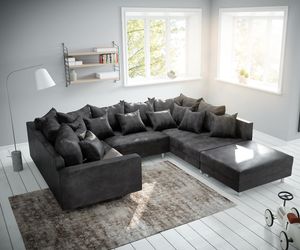 DELIFE Couch Clovis Anthrazit Antik Optik mit Hocker und Armlehne Wohnlandschaft Modulsofa