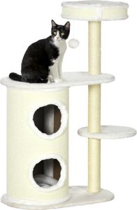 PawHut Kratzbaum, 100 cm, Kletterbaum mit Kratztonne, Katzenkratzbaum, Katzenbaum mit Sisalsäule und Spielball, Katzenmöbel mit Kissen, Plüsch, Cremeweiß