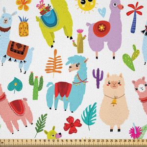 ABAKUHAUS Tier Satin Stoff als Meterware, Kindergarten Spielzimmer Muster mit Lama-Alpaka-Kaktus und Blätter Netten Kindheits, 1 M (148 x 100 cm), Mehrfarbig