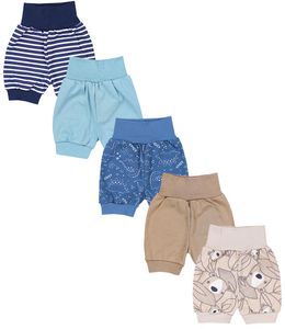 TupTam Uni Baby Pumphose Sommershorts Baumwolle 5er Pack, Farbe: Dunkelblau Grün Dino Jeansblau Streifen Grau, Größe: 86/92