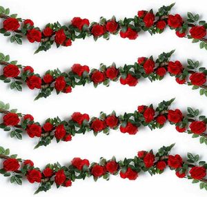 4 Stücke 9-Rosen Künstliche Rosen Girlande Hochzeitsfeier-Dekoration 220cm Rote Rosen Girlande Blumengirlande Seidenblumen Hängend Kunstblumen