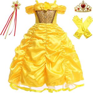 Belle Prinzessin Kleid Mädchen Karneval Cosplay Kostüm Ballkleid mit Zubehör, 150 cm