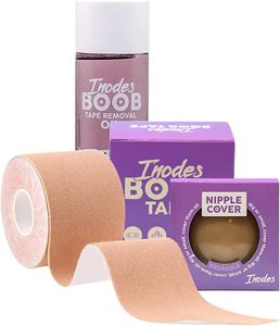 Inodes Boob Tape mit Removal Oil - Brust-Tape - Klebeband zur Fixierung der Brüste, inkl. Silikon Nippelpads - BH-Alternative, trägerlos, rückenfrei, atmungsaktiv, für Kleid mit Rückenausschnitt (Beige, 5 cm)