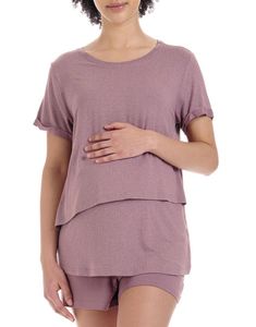 Stillpyjama - Umstandspyjama Sommer - Still Schlafanzug mit Spitze - Pyjama-Set für Schwangere - Schwangerschaft - Stillzeit (L, Rosa) 2650