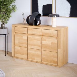 Kommode,  Sideboard Bergen aus Kernbuche massiv geölt mit drei Türen und drei Schubladen , grifflose Optik , L: 127 x T 37 x H 79 cm