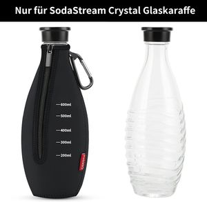 Sodastream Schutzhülle Glasflasche, Bruchschutz Neopren Hülle mit Kapazitätsskala + Karabiner, Schutzhülle (Schwarz)