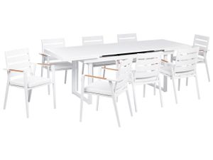 BELIANI Gartenmöbel Set 9-teilig Weiß Aluminium Ausziehtisch 180 / 240 x 90 cm Latten-Tischplatte Rechteckig mit 8 Stühlen Auflagen Weiß Stapelbar