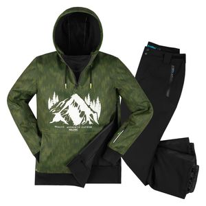 killtec Herren Softshell Skianzug mit Hoodie XL Skijacke grün Camouflage Print als hoodie - Softshellhose schwarz Stretch - fällt kleiner aus! - XL | moosgrün