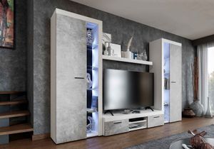 FURNIX Mediawand RIVAY XL Wohnwand 4-teilig mit LED, Vitrine, TV Schrank, Highboard 300 cm für Wohnzimmer klassisch Weiß/Beton